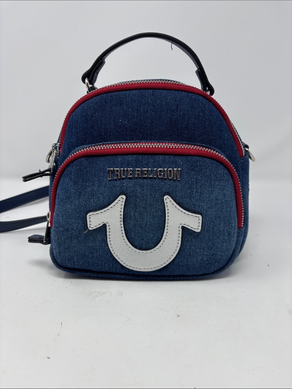 True Religion | Denim Belt Bag in Navy with White Logo and Red Trim